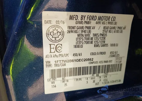 2016 Ford F-250 Xlt from USA, damaged, VIN 1FT7W2B61GEC20562